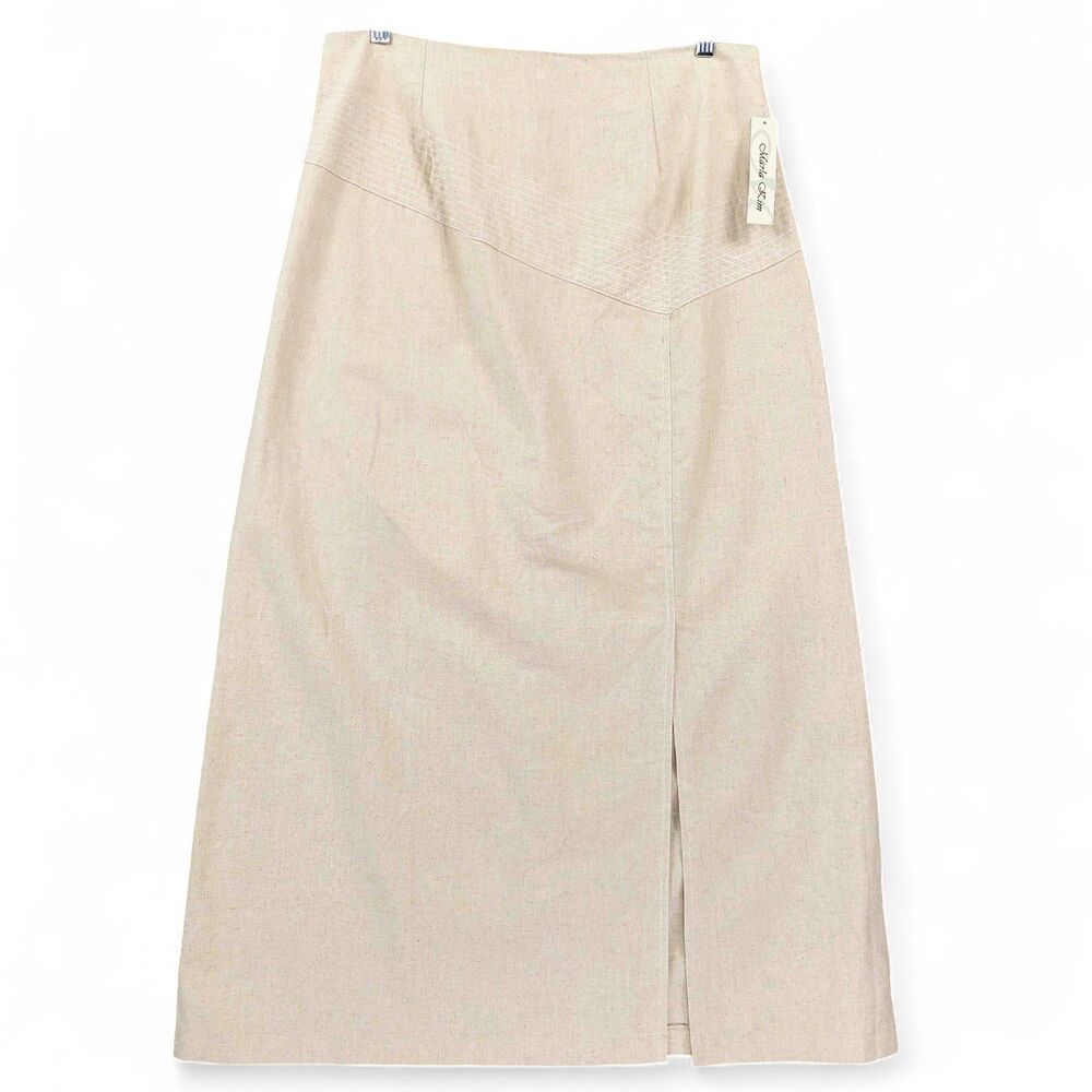 Marla Kim Linen Cotton Midi Skirt Womens XL Beige A-Line Front Slit Minimalist